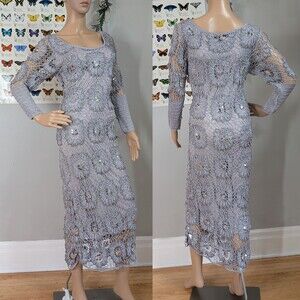 Vintage 90s y2k Newport News Gray Maxi Dress Crochet Beachy Fairycore Sequins M